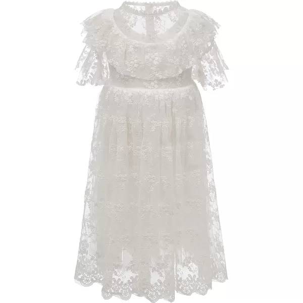 Girls White Dress Lace Pom Flutter Sleeve Party Princess Dress Pageant Tulle Summer Vintage DressWhite