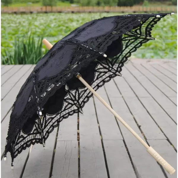 Lace Wedding Umbrella Parasol For Bride Cotton Fashion Wooden Handle Decoration Umbrella BlackBlack