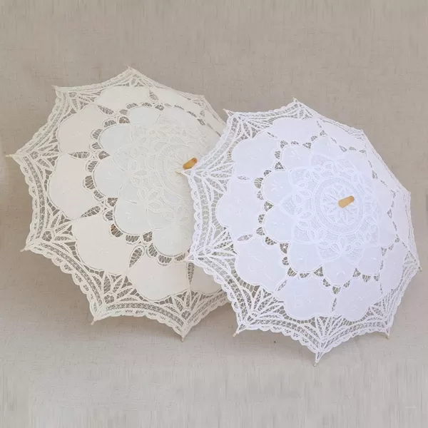 Lace Wedding Umbrella Parasol For Bride Cotton Fashion Wooden Handle Decoration Umbrella BlackIvory