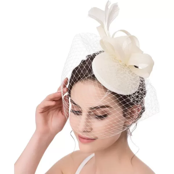 Abaowedding Feather Fascinator Cocktail Party Hair Clip Pillbox HatsA Ivory