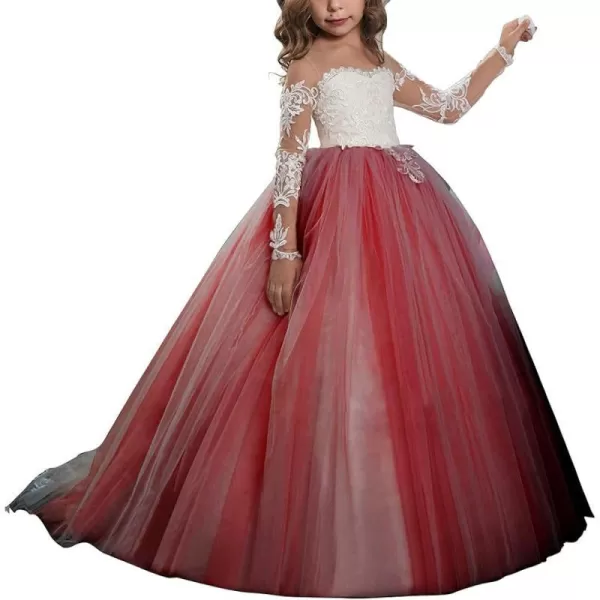 Abaowedding Lace Embroidery Sheer Long Sleeves Kids Trailing GownsBurgundy