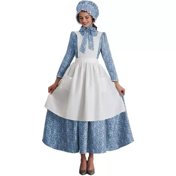 Abaowedding Womens American Pioneer Costume Dress Historical Modest Prairie Colonial Floral DressBlue