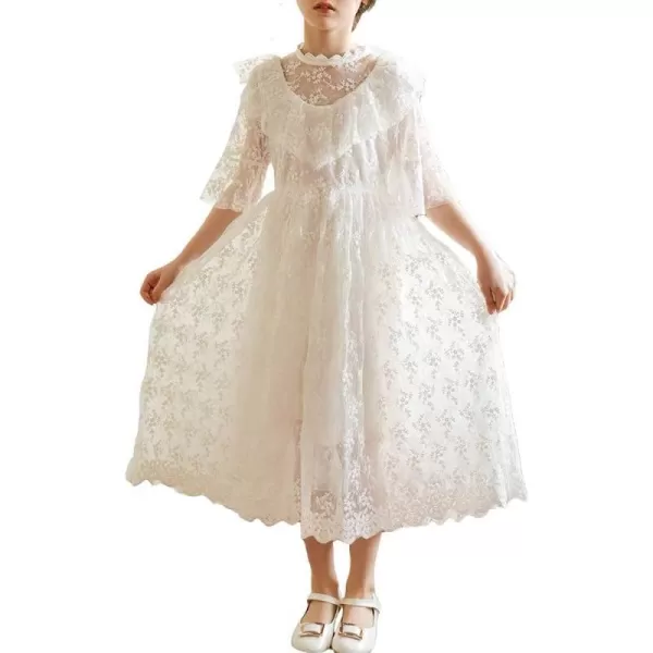 Girls White Dress Lace Pom Flutter Sleeve Party Princess Dress Pageant Tulle Summer Vintage DressWhite