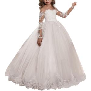 imageAbaowedding Lace Embroidery Sheer Long Sleeves Kids Trailing GownsWhite  Floor Length