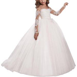 imageAbaowedding Lace Embroidery Sheer Long Sleeves Kids Trailing GownsWhite  Train Style