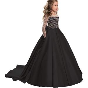 imageChristmas Flower Girl Dress Floor Length Button Draped Tulle Ball Gowns for KidsBlack