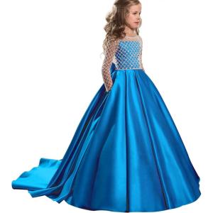 imageChristmas Flower Girl Dress Floor Length Button Draped Tulle Ball Gowns for KidsBlue