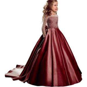 imageChristmas Flower Girl Dress Floor Length Button Draped Tulle Ball Gowns for KidsBurgundy