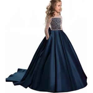imageChristmas Flower Girl Dress Floor Length Button Draped Tulle Ball Gowns for KidsNavy