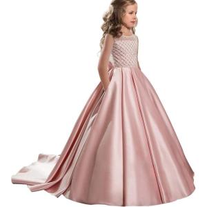 imageChristmas Flower Girl Dress Floor Length Button Draped Tulle Ball Gowns for KidsPink Sleeveless