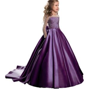 imageChristmas Flower Girl Dress Floor Length Button Draped Tulle Ball Gowns for KidsPlum