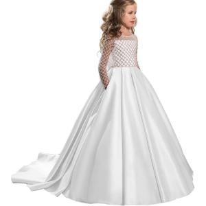 imageChristmas Flower Girl Dress Floor Length Button Draped Tulle Ball Gowns for KidsWhite