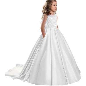 imageChristmas Flower Girl Dress Floor Length Button Draped Tulle Ball Gowns for KidsWhite Sleeveless