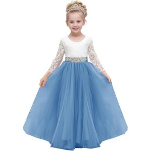 imageAbaowedding Lace VBack Flower Girl Dress Tutu Tulle Princess Party Dress with Satin SashDusty Blue