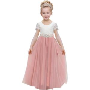 imageAbaowedding Lace VBack Flower Girl Dress Tutu Tulle Princess Party Dress with Satin SashPink Short Sleeves