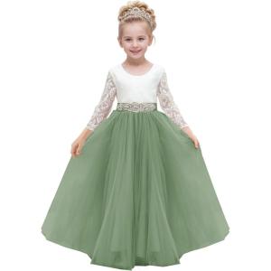 imageAbaowedding Lace VBack Flower Girl Dress Tutu Tulle Princess Party Dress with Satin SashSage Green