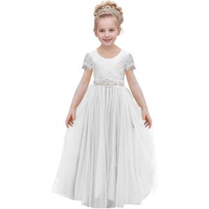 imageAbaowedding Lace VBack Flower Girl Dress Tutu Tulle Princess Party Dress with Satin SashWhite Short Sleeves