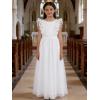 image:imageAbaowedding Fancy Chiffon Flutter Sleeves Flower Girl Dress White First Communion Gown with Light Blue SashAll White