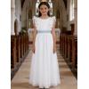image:imageAbaowedding Fancy Chiffon Flutter Sleeves Flower Girl Dress White First Communion Gown with Light Blue SashWhite With Blue Sash