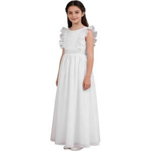 image:imageAbaowedding Fancy Chiffon Flutter Sleeves Flower Girl Dress White First Communion Gown with Light Blue SashAll White