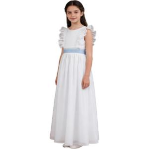 image:imageAbaowedding Fancy Chiffon Flutter Sleeves Flower Girl Dress White First Communion Gown with Light Blue SashWhite With Blue Sash