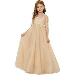 image:imageAbaowedding Lace Floral Appliques Flower Girl Dress 34 Sleeve Girls Pageant Tulle Ball GownChampagne