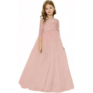 image:imageAbaowedding Lace Floral Appliques Flower Girl Dress 34 Sleeve Girls Pageant Tulle Ball GownPink