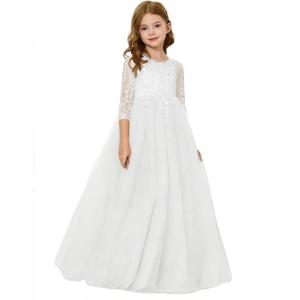 image:imageAbaowedding Lace Floral Appliques Flower Girl Dress 34 Sleeve Girls Pageant Tulle Ball GownWhite