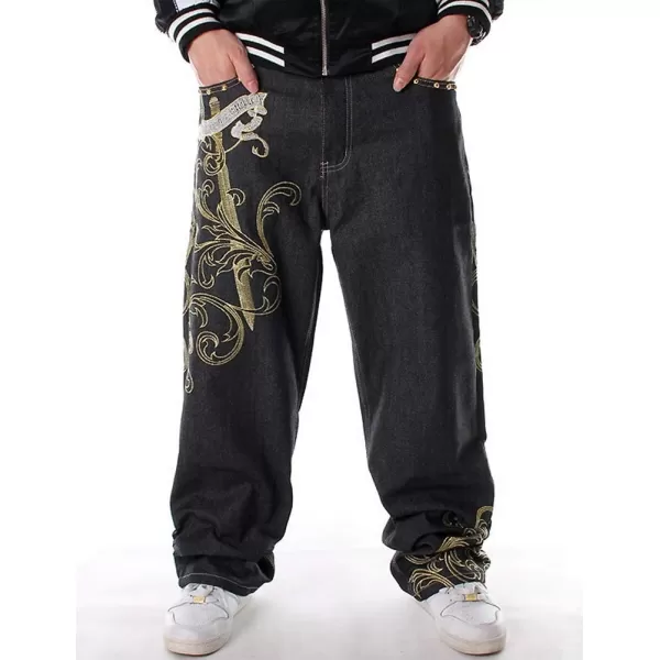 IDEALSANXUN Baggy Jeans Men Casual Embroidery Hip Hop Loose Fit Y2k JeansBlack 01