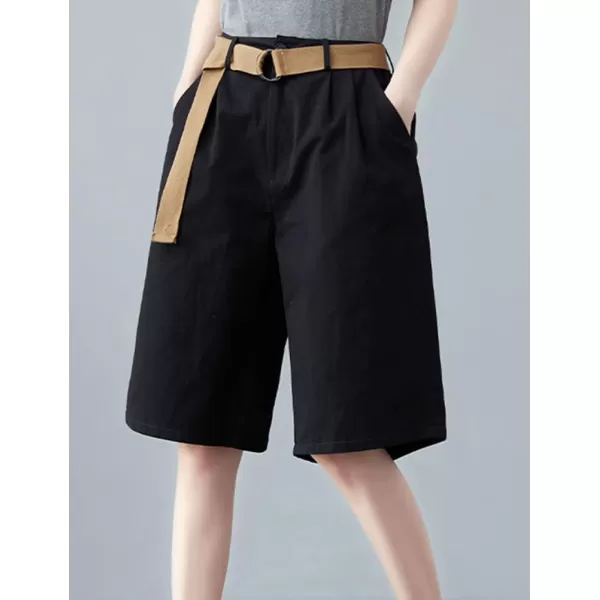 IDEALSANXUN Bermuda Shorts for Women Knee Length High Waist Casual Summer Shorts with Belt PocketsBlack