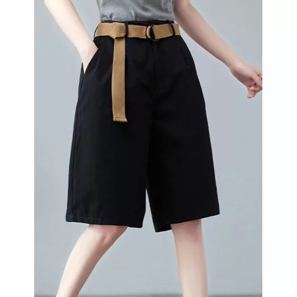 IDEALSANXUN Bermuda Shorts for Women Knee Length High Waist Casual Summer Shorts with Belt PocketsBlack