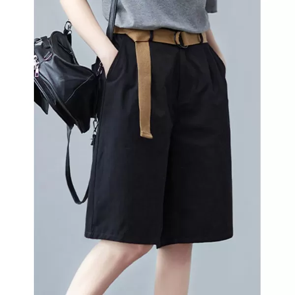 IDEALSANXUN Bermuda Shorts for Women Knee Length High Waist Casual Summer Shorts with Belt PocketsBlack