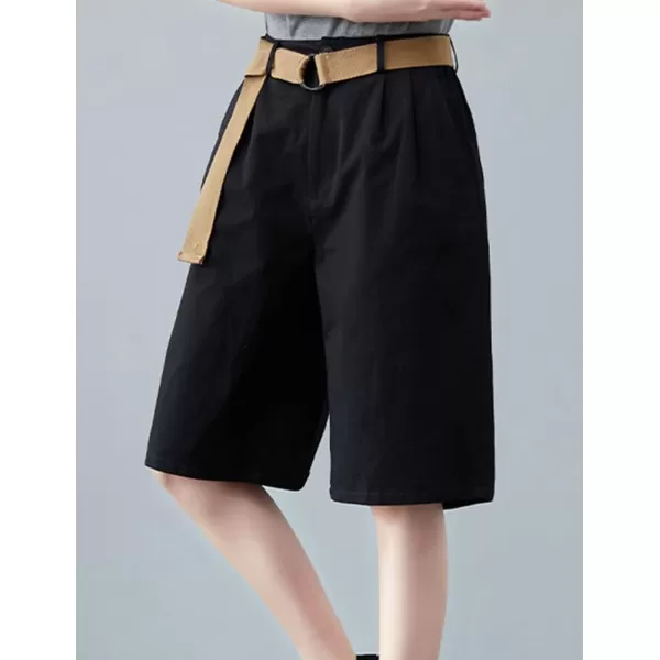 IDEALSANXUN Bermuda Shorts for Women Knee Length High Waist Casual Summer Shorts with Belt PocketsBlack
