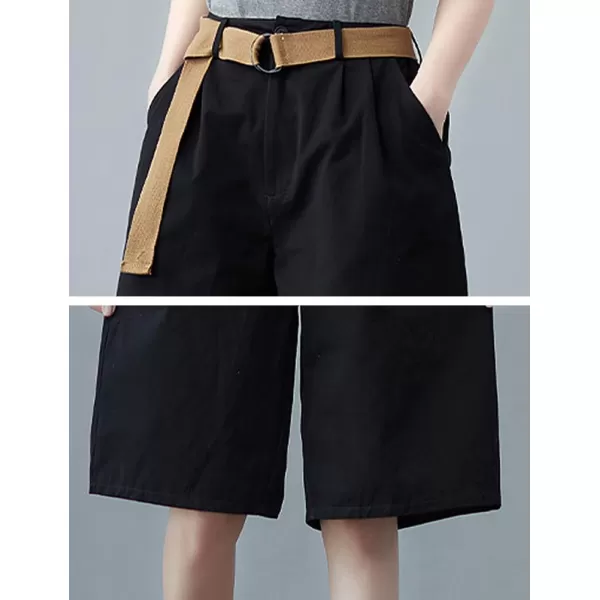 IDEALSANXUN Bermuda Shorts for Women Knee Length High Waist Casual Summer Shorts with Belt PocketsBlack