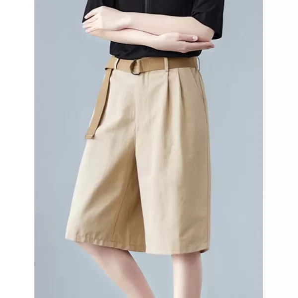 IDEALSANXUN Bermuda Shorts for Women Knee Length High Waist Casual Summer Shorts with Belt PocketsKhaki