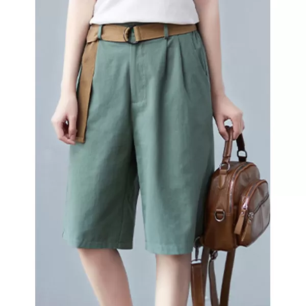 IDEALSANXUN Bermuda Shorts for Women Knee Length High Waist Casual Summer Shorts with Belt PocketsLight Green