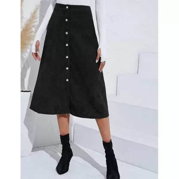 IDEALSANXUN Corduroy Midi Skirts for Women Fall Winter High Waisted A Line Button Front SkirtBlack
