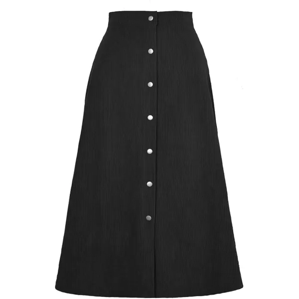 IDEALSANXUN Corduroy Midi Skirts for Women Fall Winter High Waisted A Line Button Front SkirtBlack