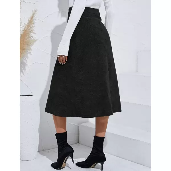 IDEALSANXUN Corduroy Midi Skirts for Women Fall Winter High Waisted A Line Button Front SkirtBlack