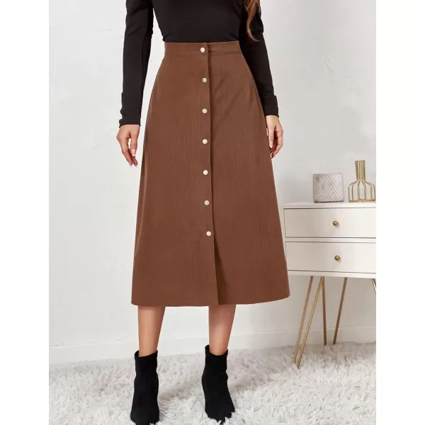 IDEALSANXUN Corduroy Midi Skirts for Women Fall Winter High Waisted A Line Button Front SkirtBrown