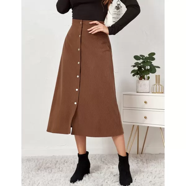 IDEALSANXUN Corduroy Midi Skirts for Women Fall Winter High Waisted A Line Button Front SkirtBrown