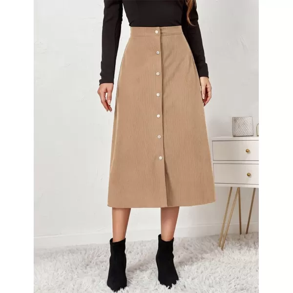 IDEALSANXUN Corduroy Midi Skirts for Women Fall Winter High Waisted A Line Button Front SkirtKhaki