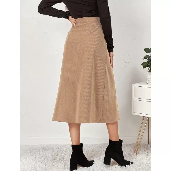 IDEALSANXUN Corduroy Midi Skirts for Women Fall Winter High Waisted A Line Button Front SkirtKhaki
