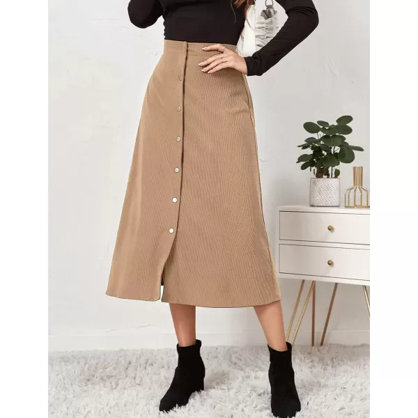IDEALSANXUN Corduroy Midi Skirts for Women Fall Winter High Waisted A Line Button Front SkirtKhaki