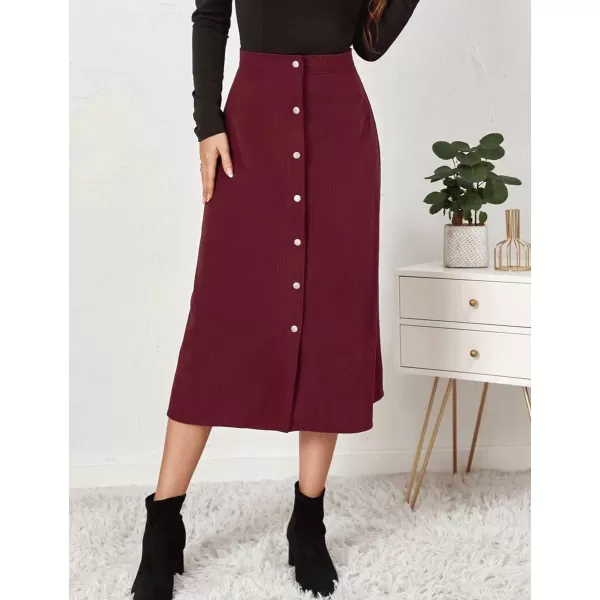 IDEALSANXUN Corduroy Midi Skirts for Women Fall Winter High Waisted A Line Button Front SkirtWine