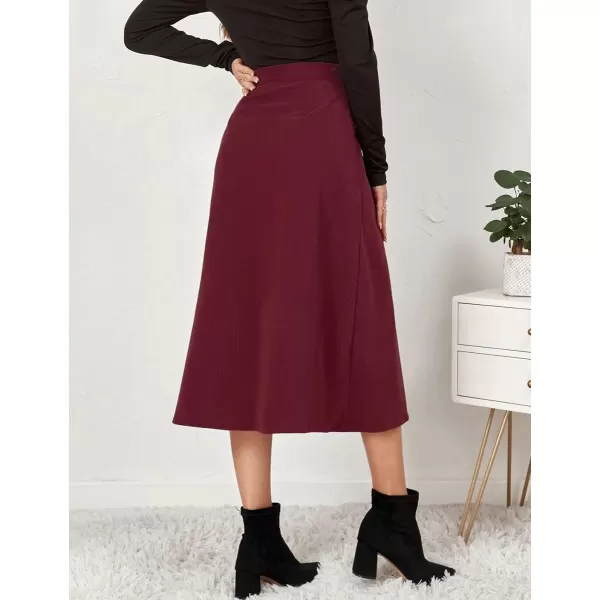 IDEALSANXUN Corduroy Midi Skirts for Women Fall Winter High Waisted A Line Button Front SkirtWine