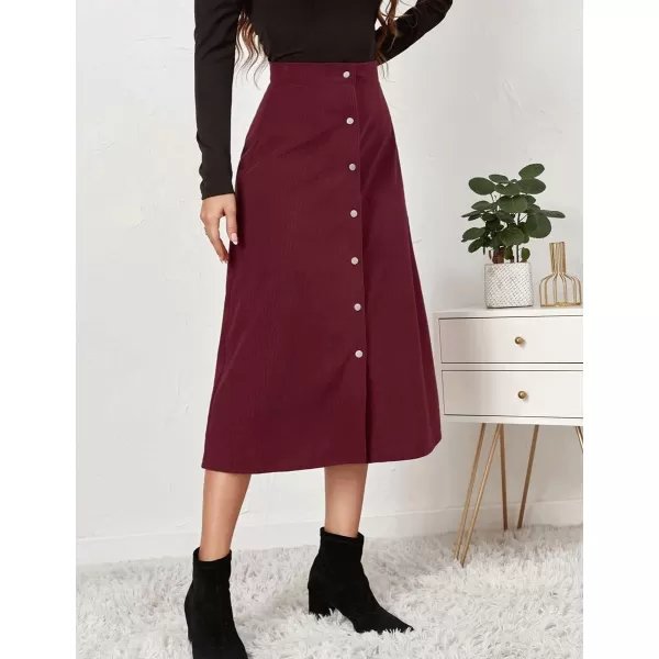 IDEALSANXUN Corduroy Midi Skirts for Women Fall Winter High Waisted A Line Button Front SkirtWine