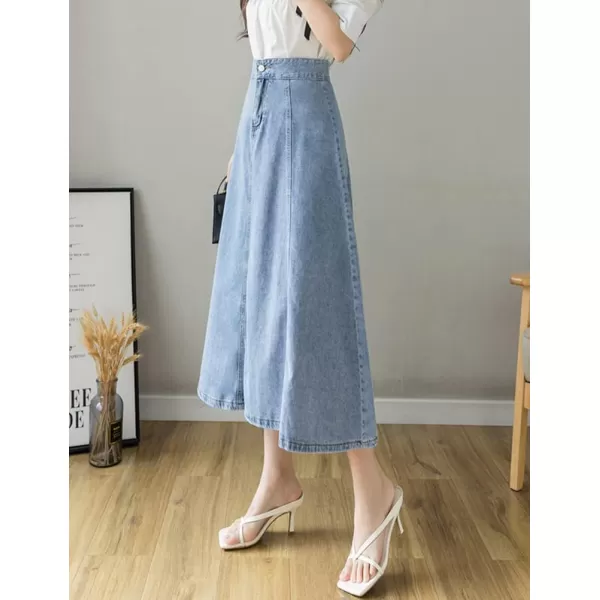 IDEALSANXUN Denim Skirts for Women Midi Length High Waisted Casual A Line Ruffle Jean SkirtBlue