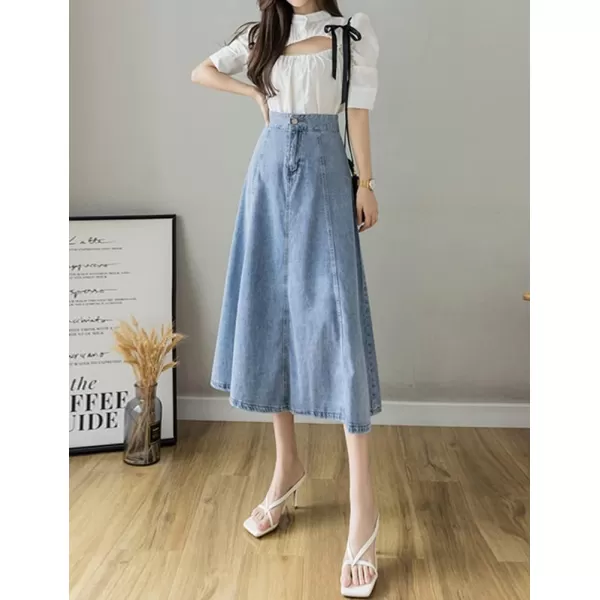 IDEALSANXUN Denim Skirts for Women Midi Length High Waisted Casual A Line Ruffle Jean SkirtBlue