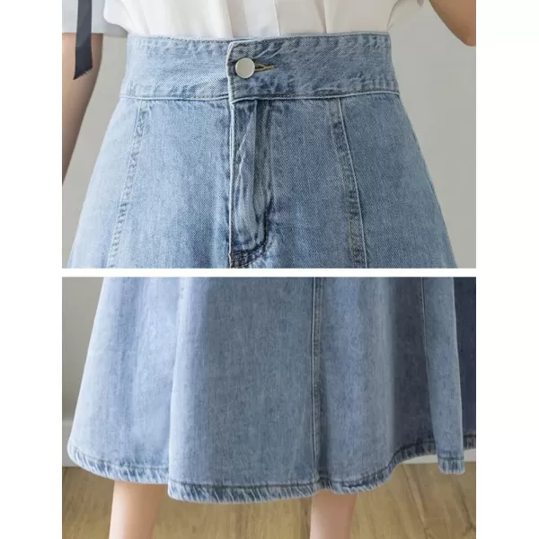 IDEALSANXUN Denim Skirts for Women Midi Length High Waisted Casual A Line Ruffle Jean SkirtBlue